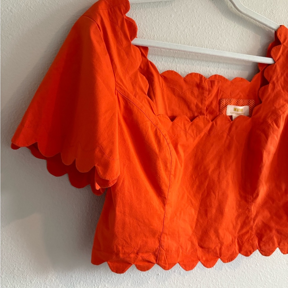 NWT Maeve Anthropologie Square-Neck Scallop Blouse Women’s Medium Orange Cropped - Picture 5 of 9
